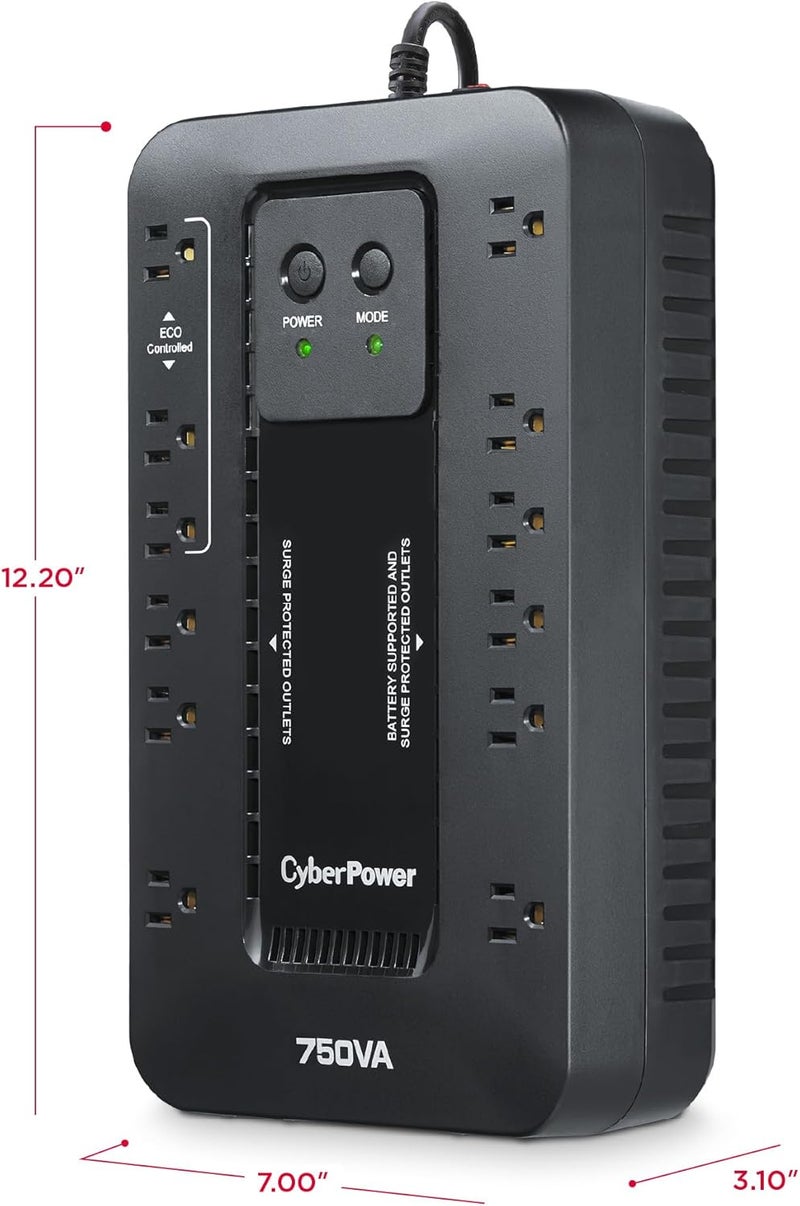 CyberPower نظام UPS لحماية البطارية الاحتياطية والجهد الزائد EC750G، 750VA/450W، 12 مخرج، وضع ECO، مزود طاقة غير منقطع مدمج، أسود - Image 5
